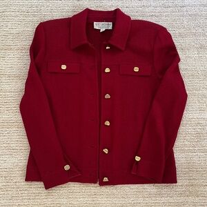 ST JOHN Collection Deep Red Jacket Blazer Gold Buttons SANTANA KNIT US 6 EUC